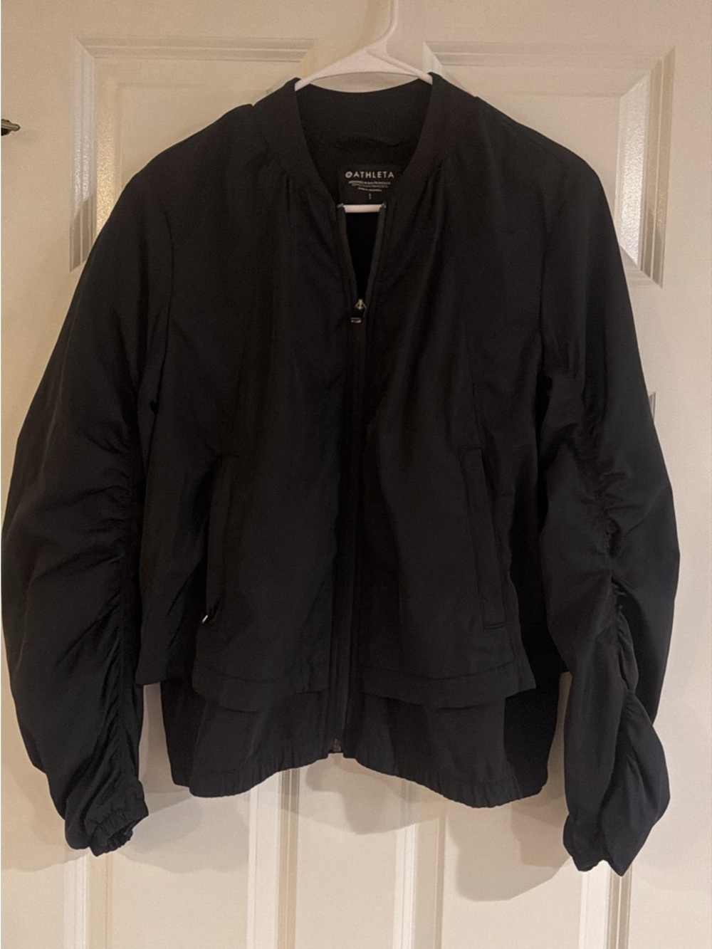 Athleta Black Ruched-Sleeve Bomber Jacket